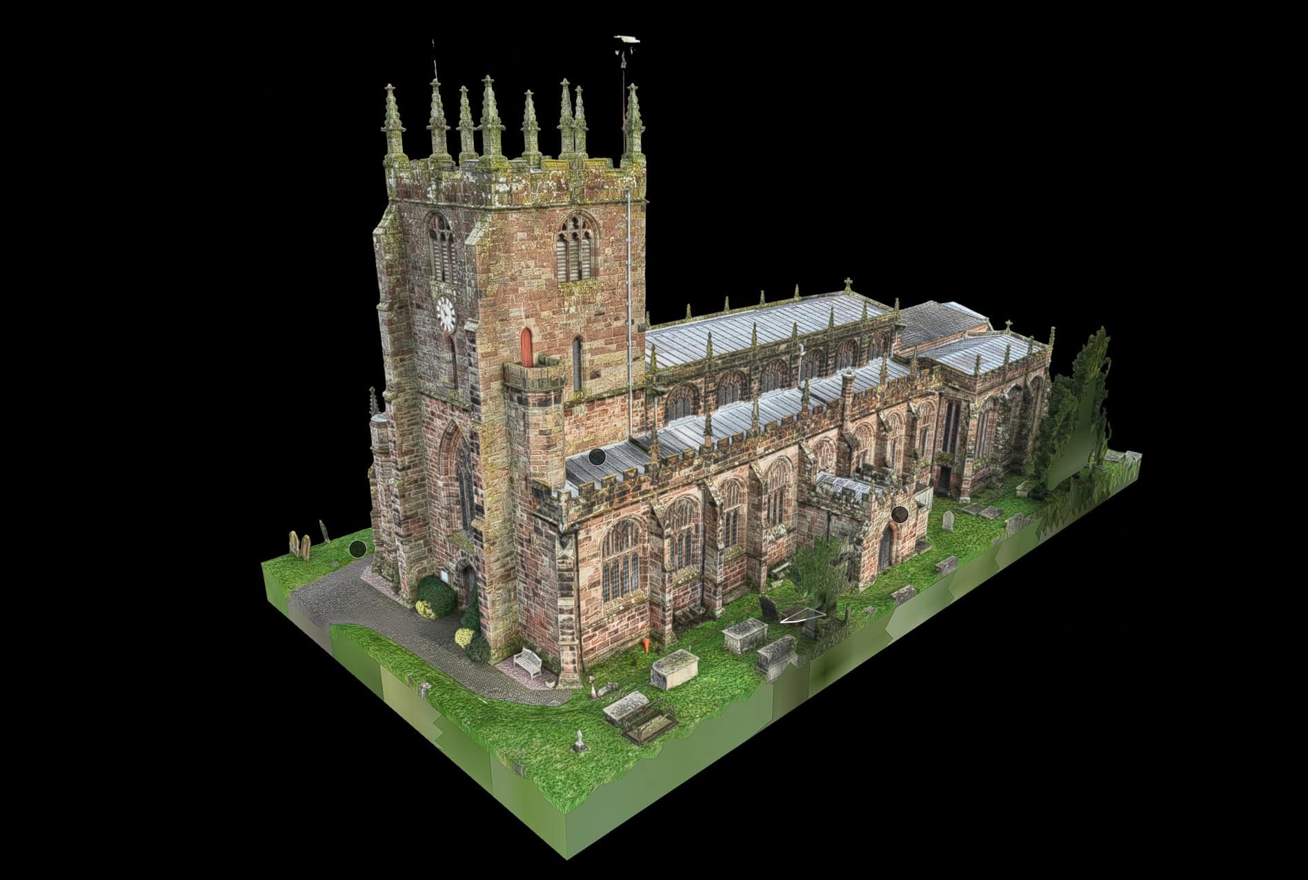 3D model of a historic church with Gothic architecture and tall spires.