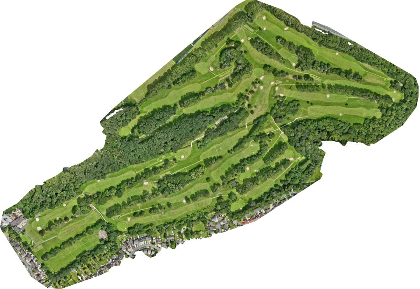 Aerial view of Ellesmere Port Golf Club with lush green fairways and trees.