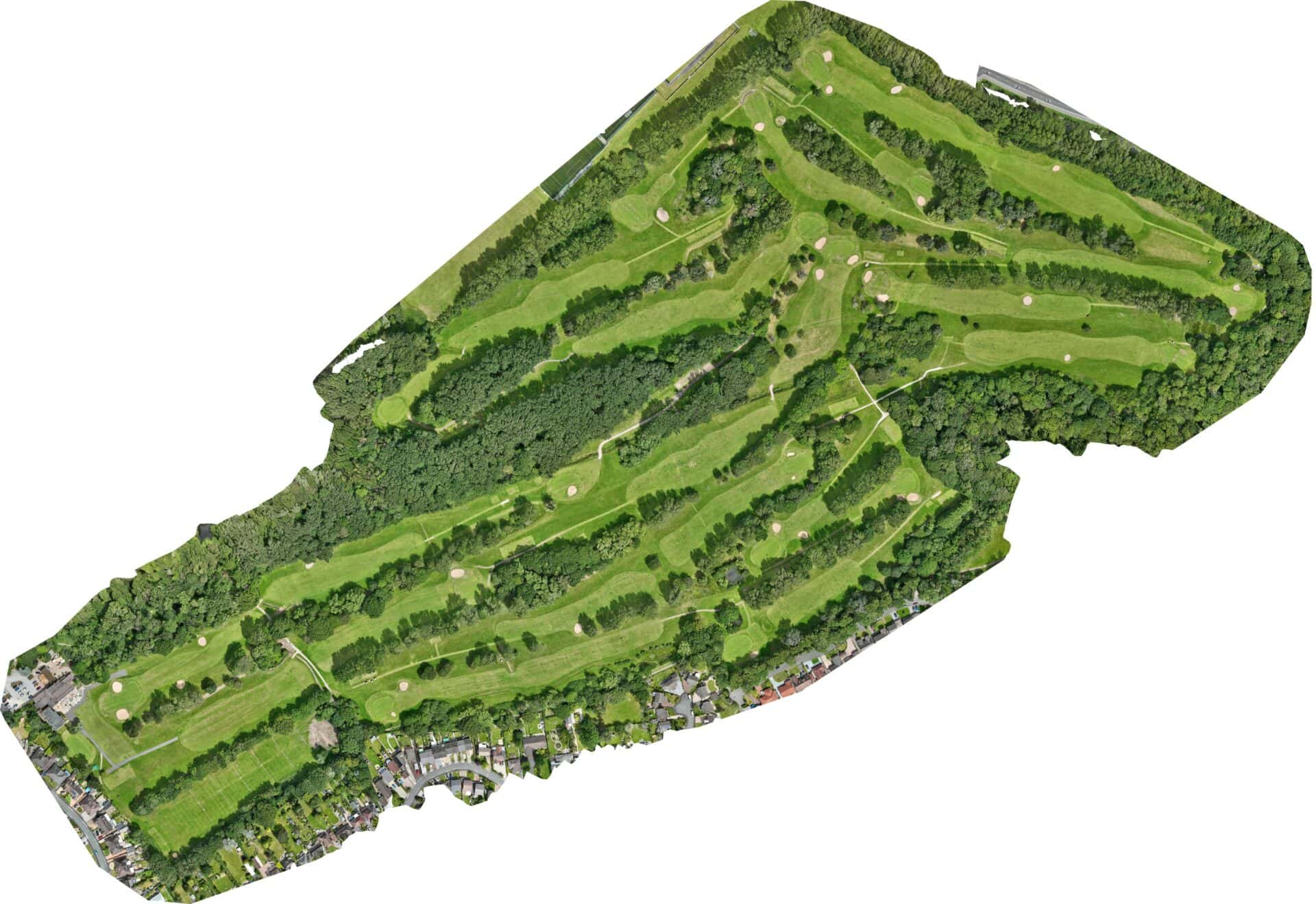 Aerial view of Ellesmere Port Golf Club with lush green fairways and trees.