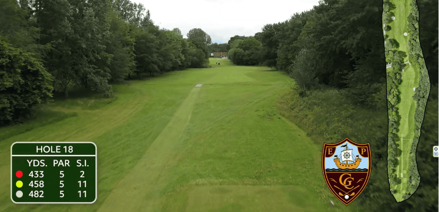 Golf course view of hole 18 at Ellesmere Port Golf Club with distance info.
