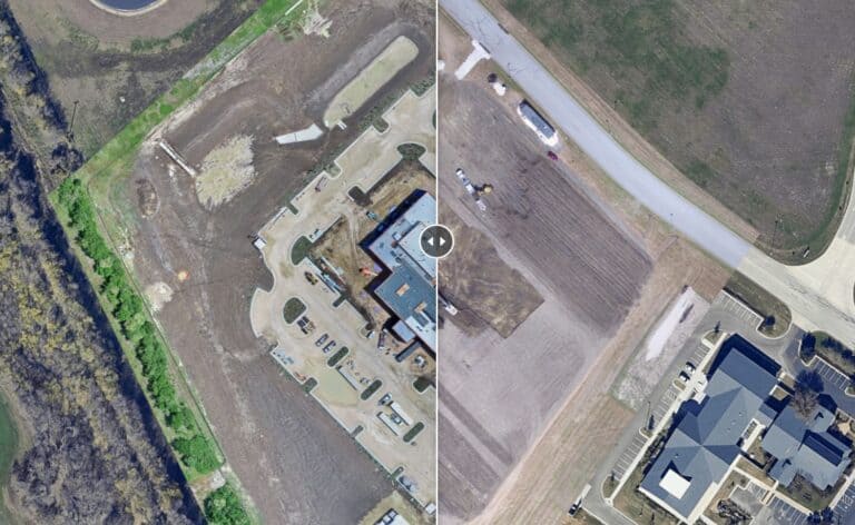 Aerial view of construction site before and after landscaping by Bryant Site Services.